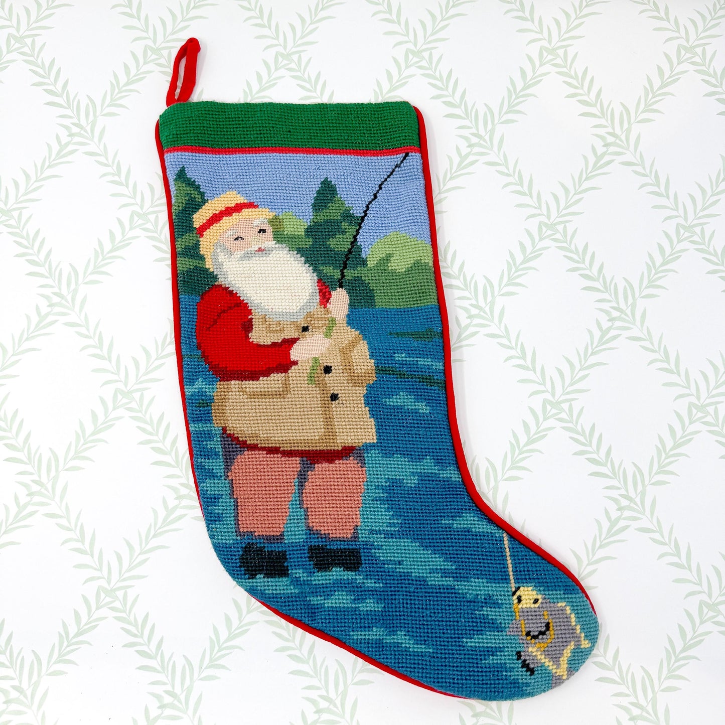Vintage Needlepoint Christmas Stocking, Santa Fishing