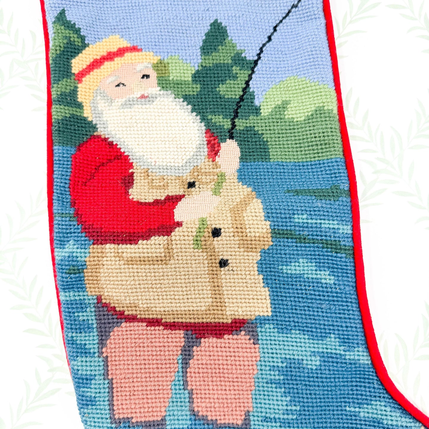 Vintage Needlepoint Christmas Stocking, Santa Fishing