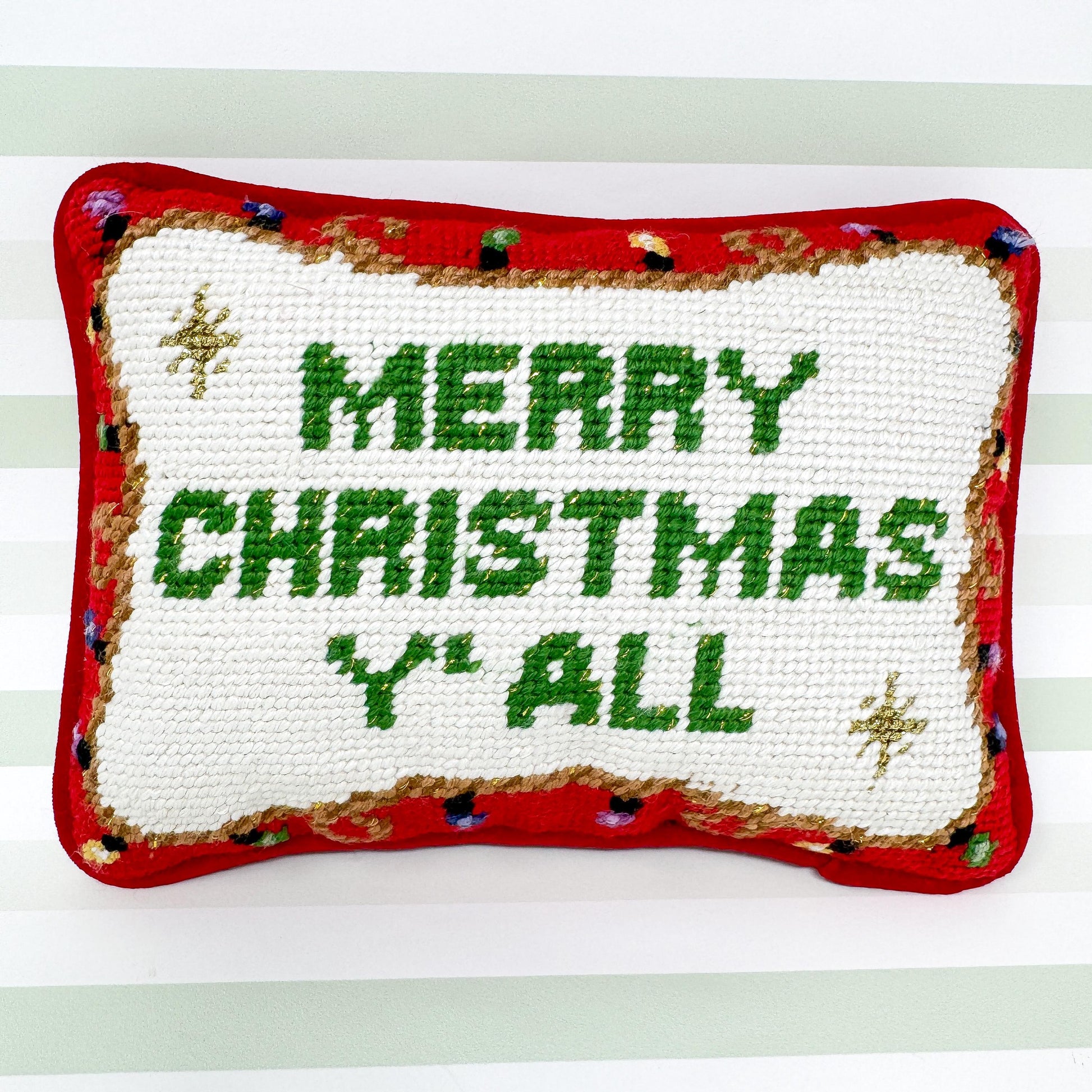 Merry Christmas Y'all Vintage Christmas Needlepoint Pillow