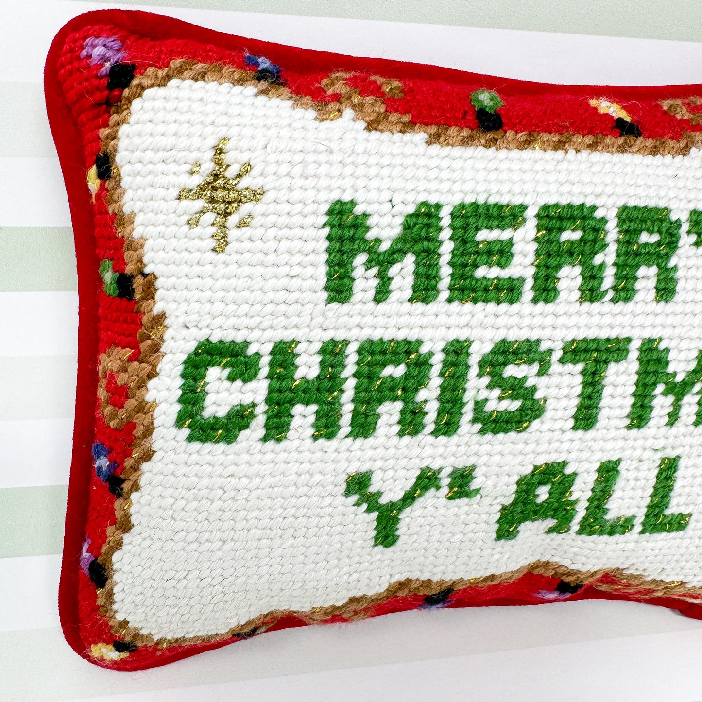 Merry Christmas Y'all Vintage Christmas Needlepoint Pillow
