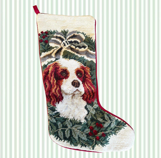 King Charles Cavalier Spaniel Vintage Needlepoint Christmas Stocking, Wreath and Bow