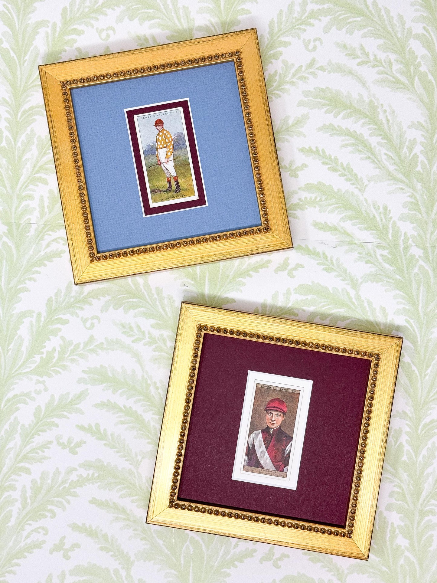 Pair of Framed Antique Jockey Horse Cigarette Card c. 1920s, Red and Blue