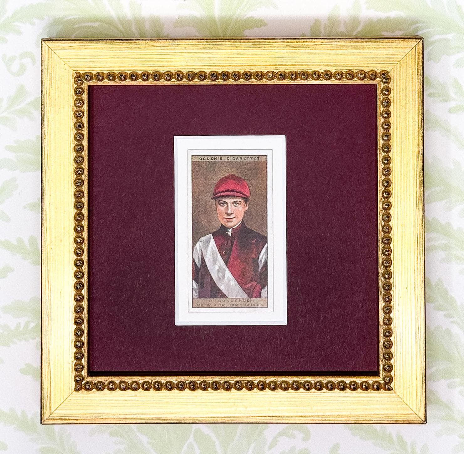 Pair of Framed Antique Jockey Horse Cigarette Card c. 1920s, Red and Blue