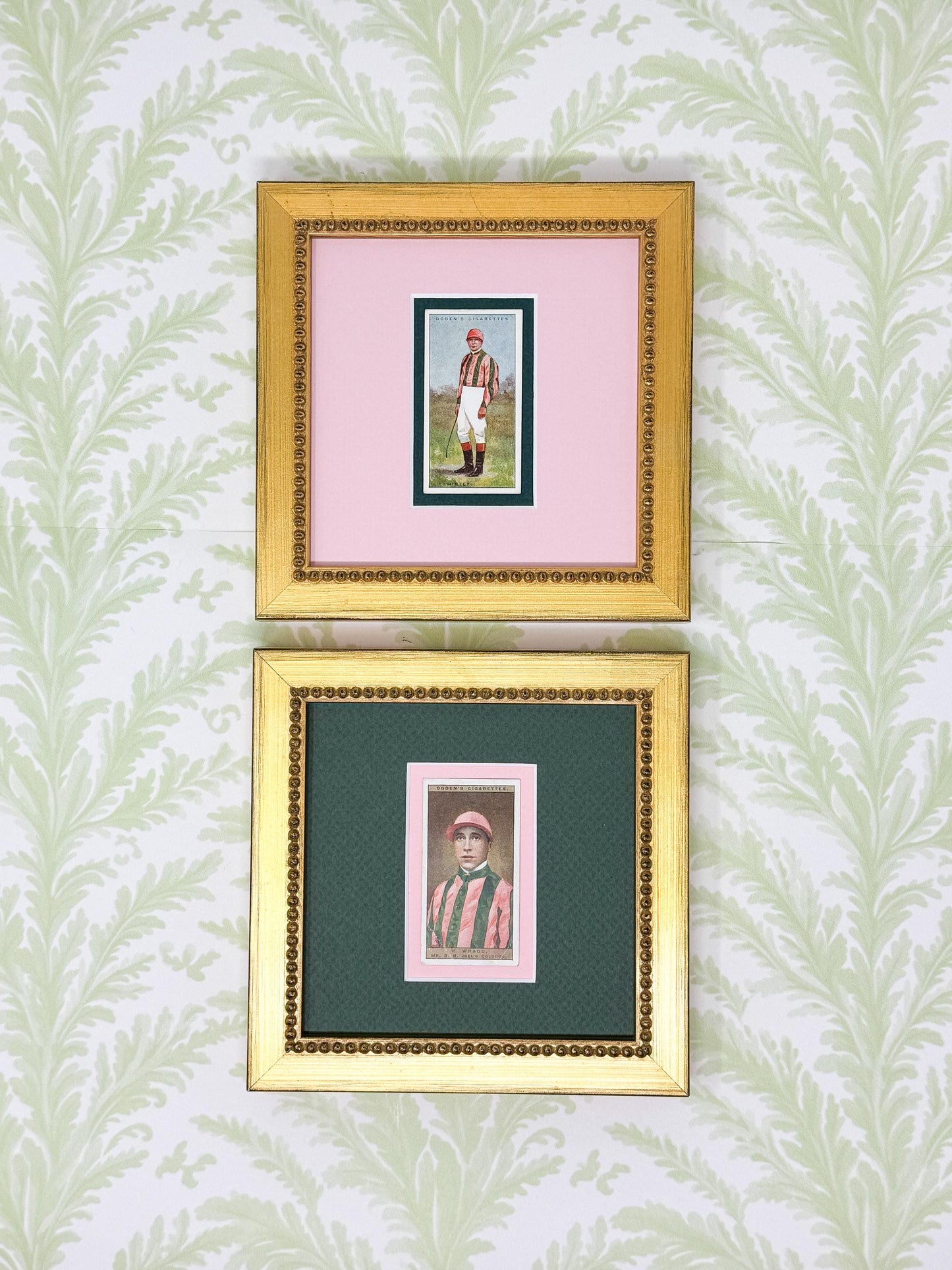 Pair of Framed Antique Jockey Horse Cigarette Card c. 1920s, Pink and Green