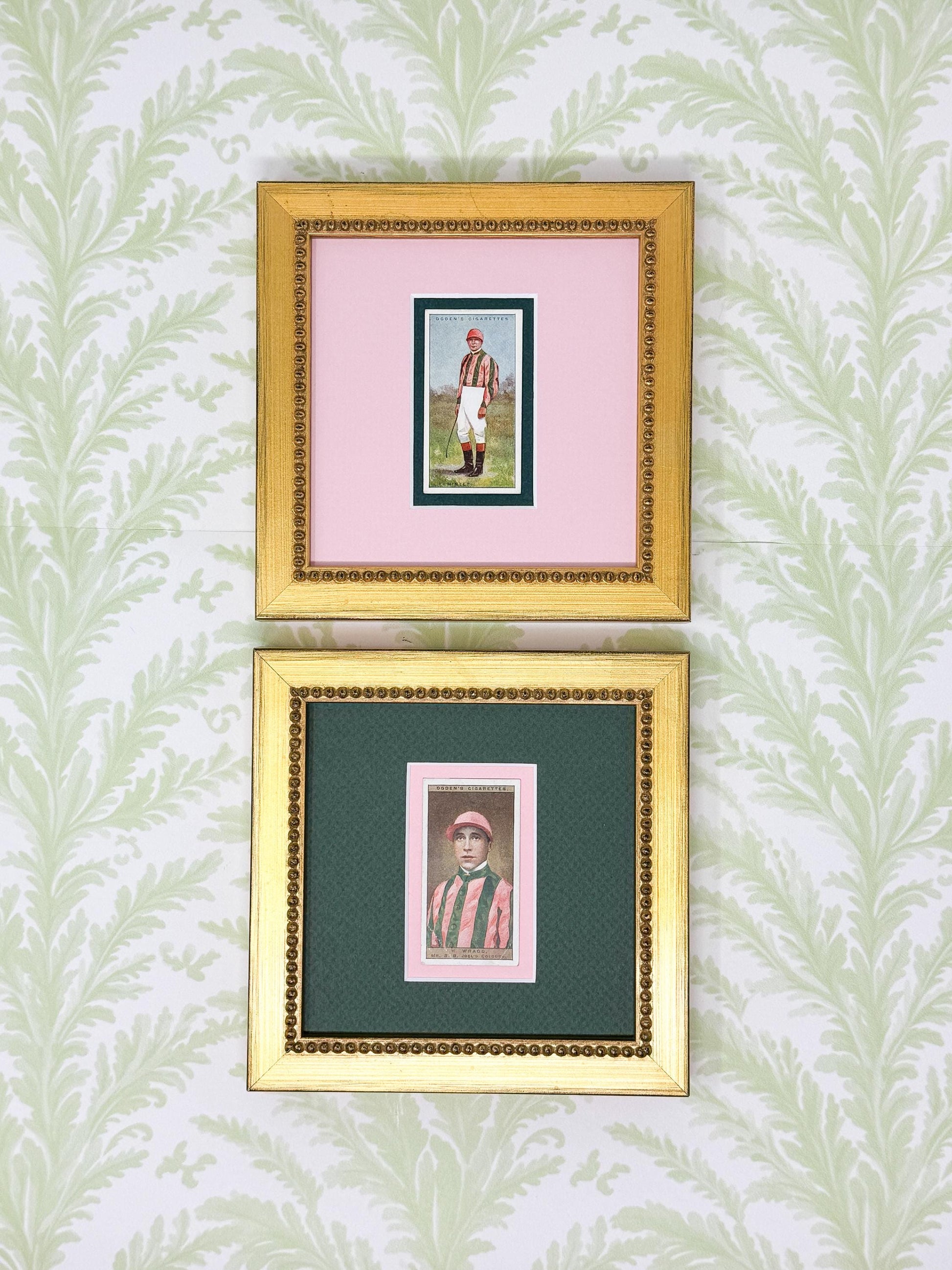Pair of Framed Antique Jockey Horse Cigarette Card c. 1920s, Pink and Green