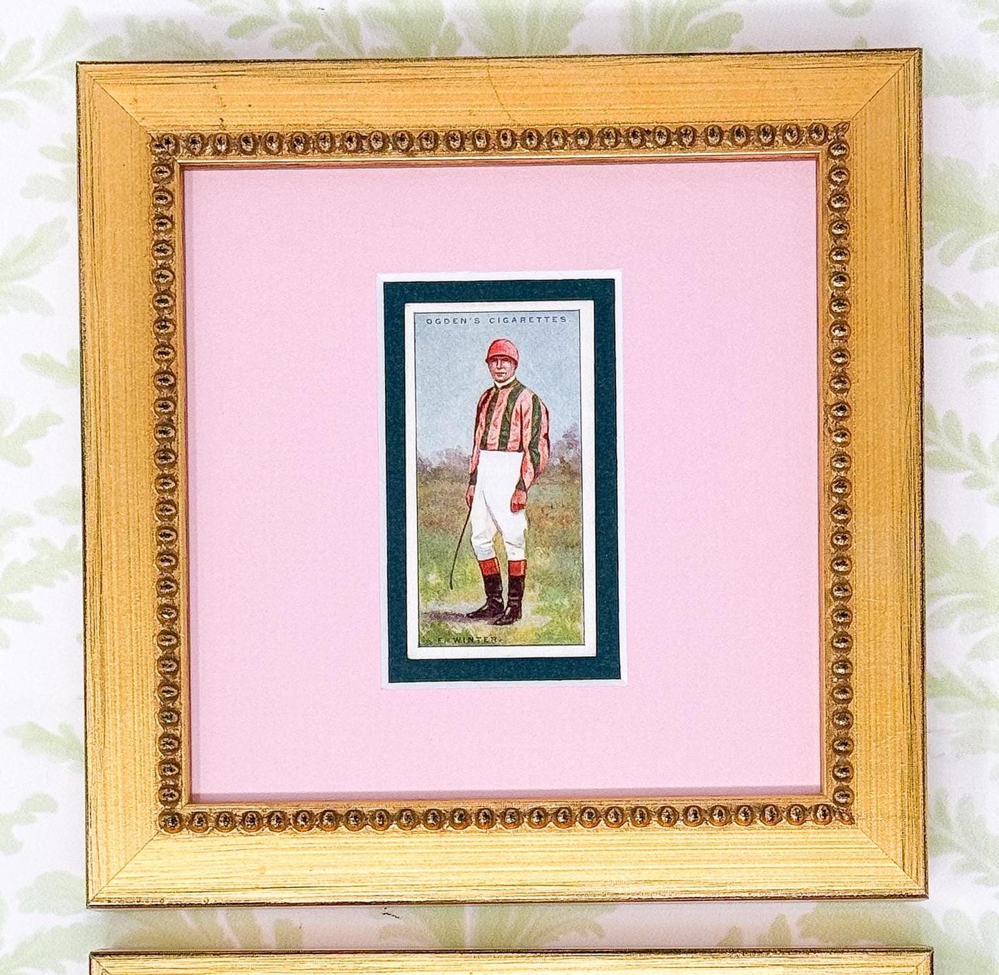 Pair of Framed Antique Jockey Horse Cigarette Card c. 1920s, Pink and Green