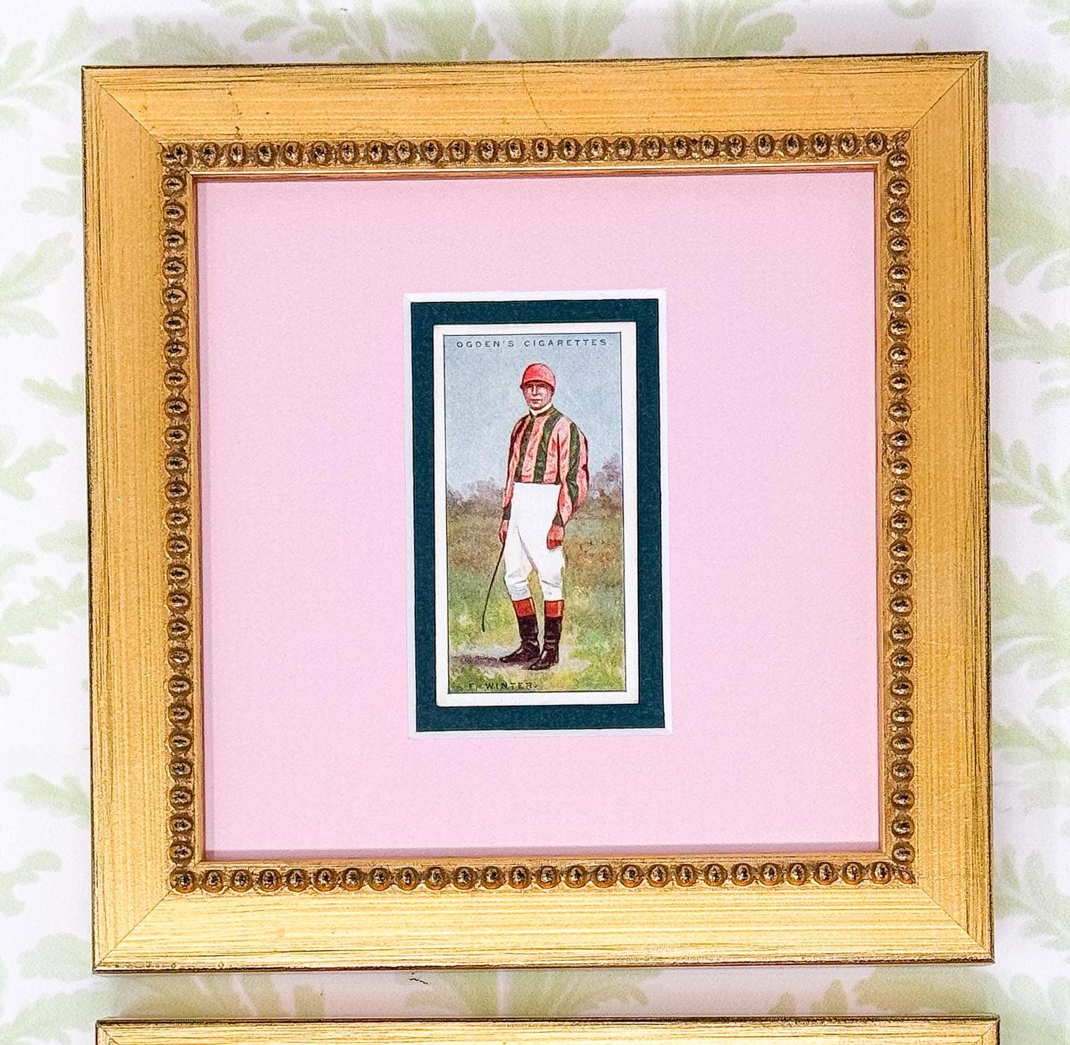 Pair of Framed Antique Jockey Horse Cigarette Card c. 1920s, Pink and Green