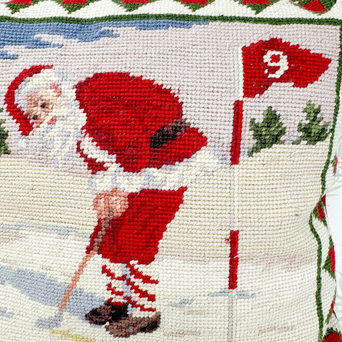 Vintage Needlepoint Santa Golf Christmas Pillow, 14"