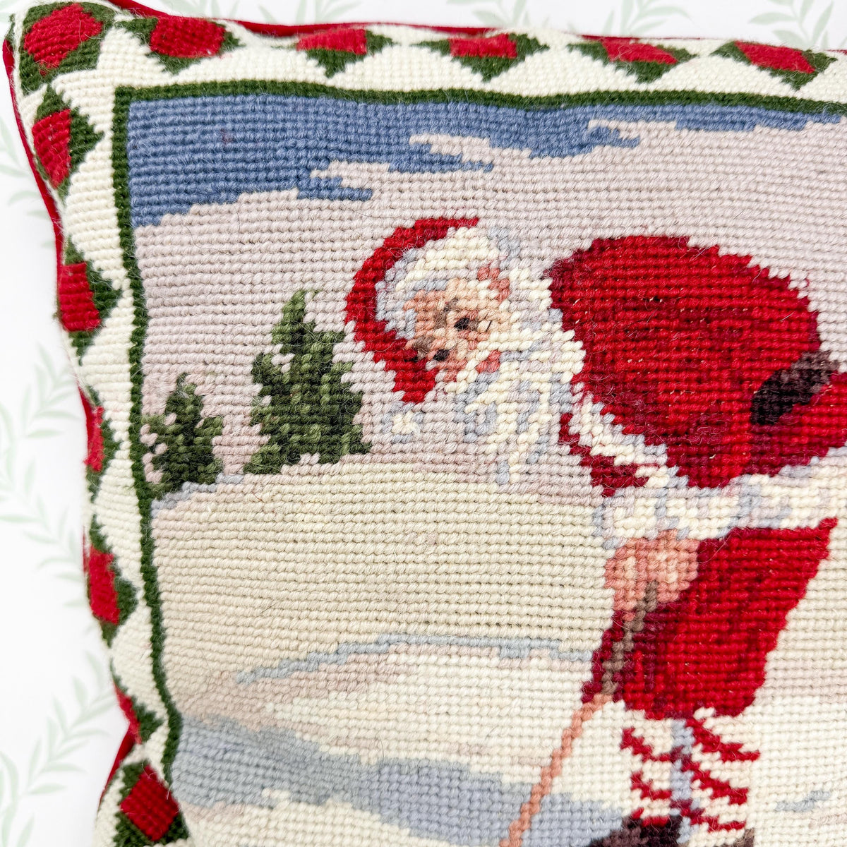 Vintage Needlepoint Santa Golf Christmas Pillow, 14"