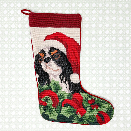 Vintage King Charles Cavalier Dog Needlepoint Christmas Stocking