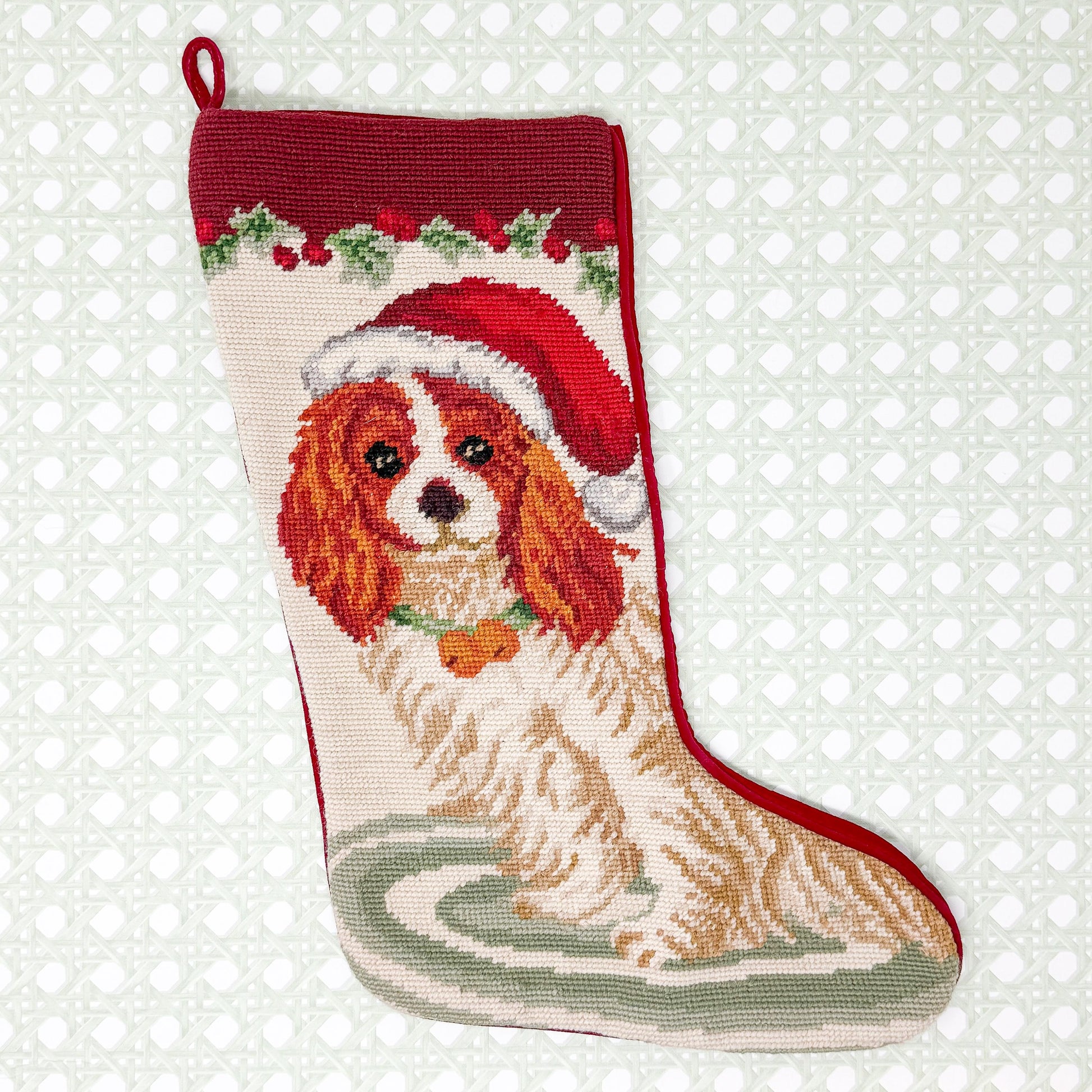 Vintage Needlepoint Dog Christmas Stocking, King Charles Cavalier Spaniel