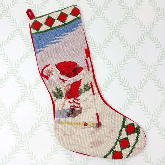 Vintage Needlepoint Christmas Stocking, Santa Golf Putting