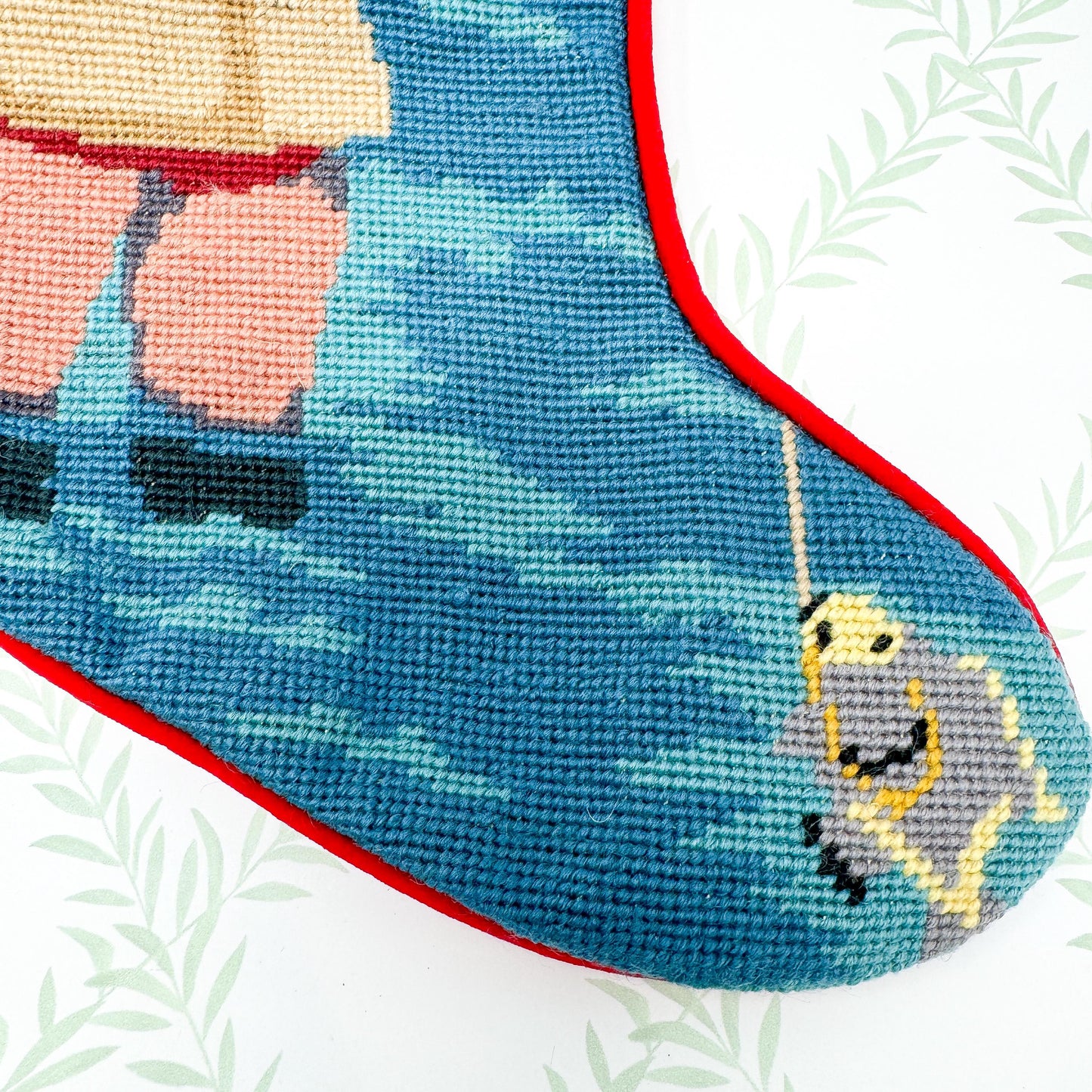 Vintage Needlepoint Christmas Stocking, Santa Fishing