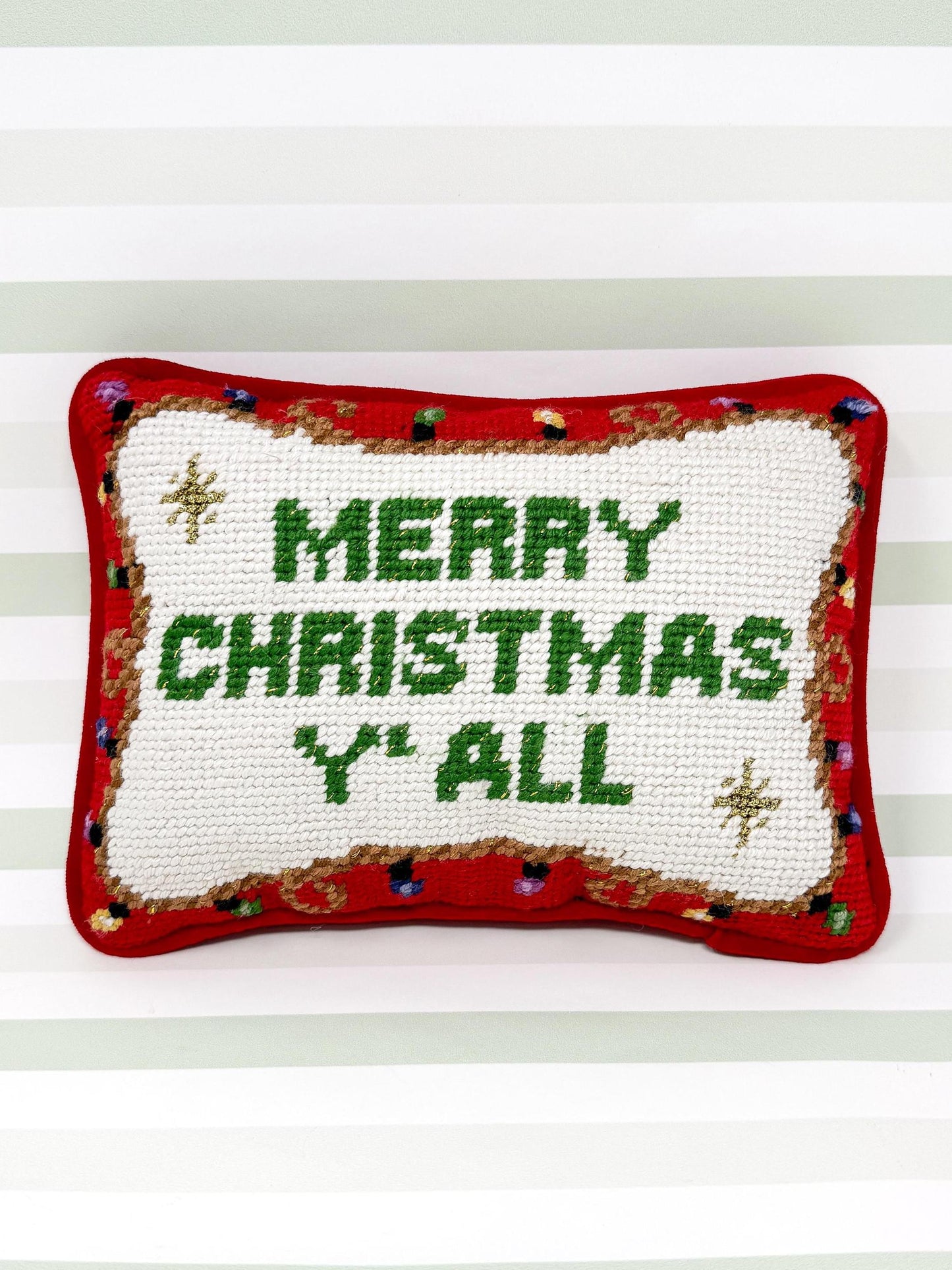 Merry Christmas Y'all Vintage Christmas Needlepoint Pillow