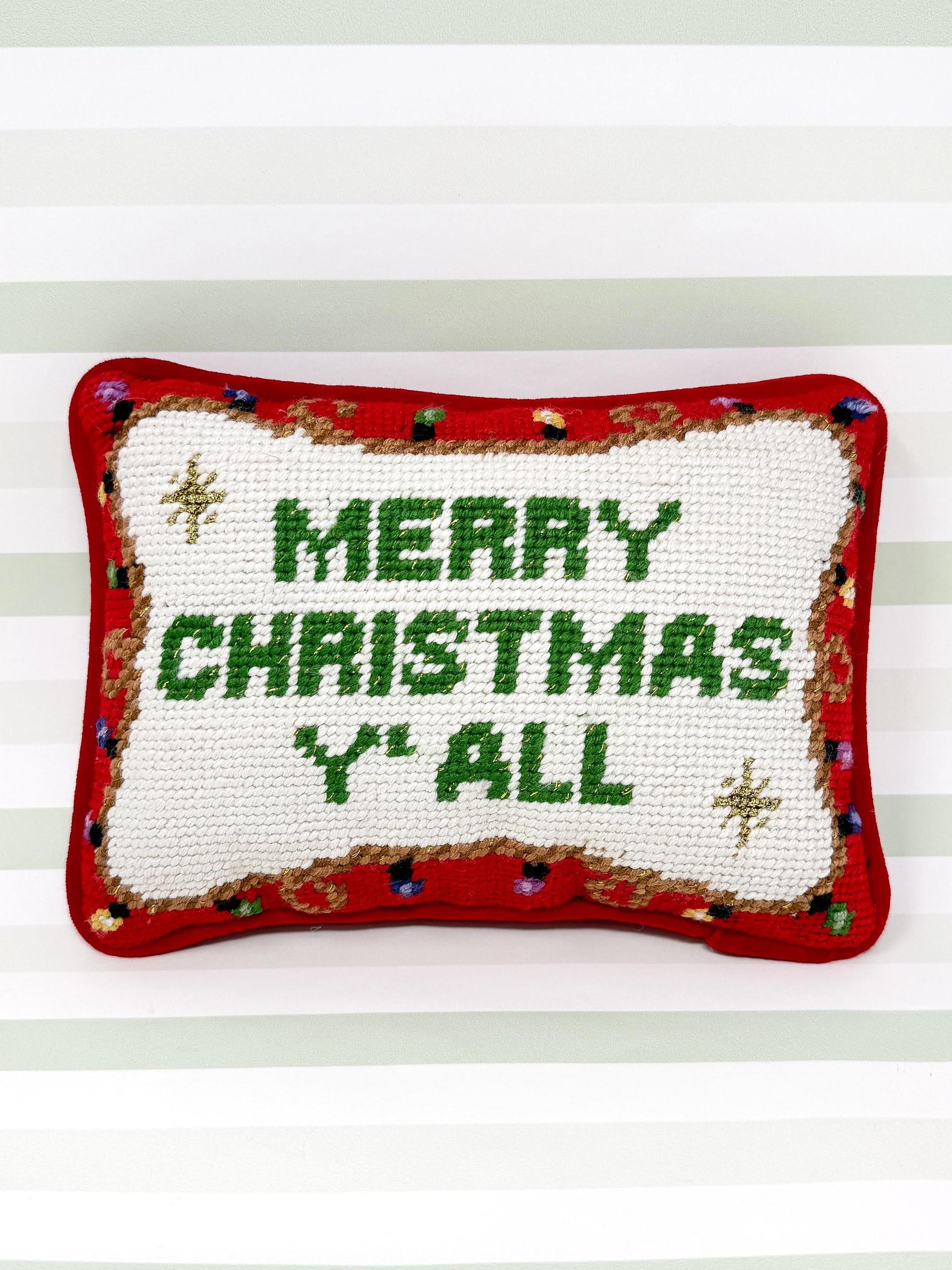 Merry Christmas Y'all Vintage Christmas Needlepoint Pillow