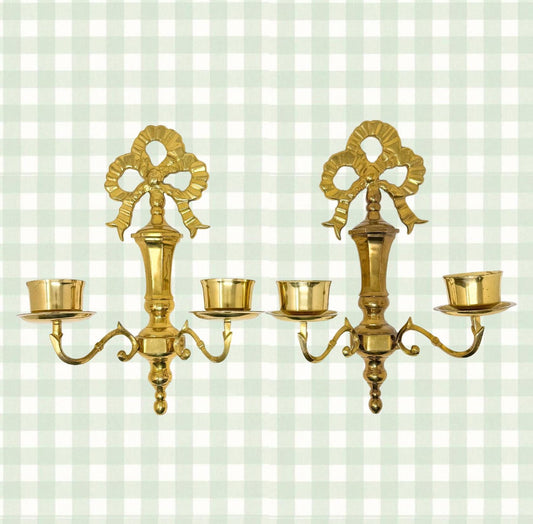 Pair of 11" Vintage Brass Bow Wall Candle Sconces