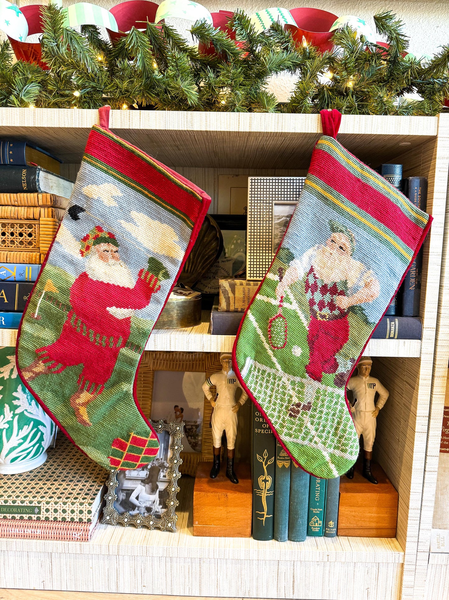 Vintage Needlepoint Christmas Stocking, Santa Golf