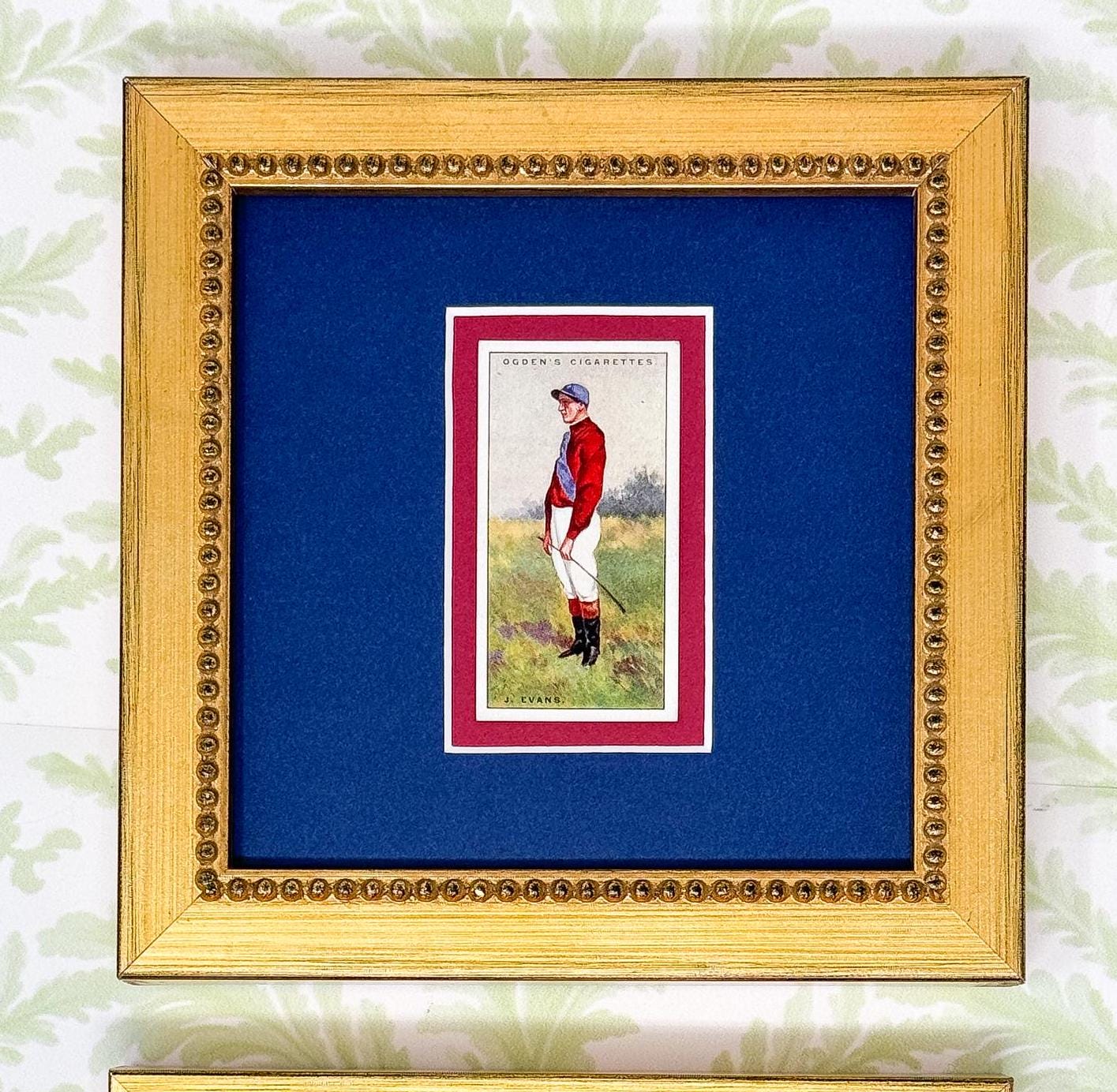 Pair of Framed Antique Jockey Horse Cigarette Card c. 1920s, Red and Blue