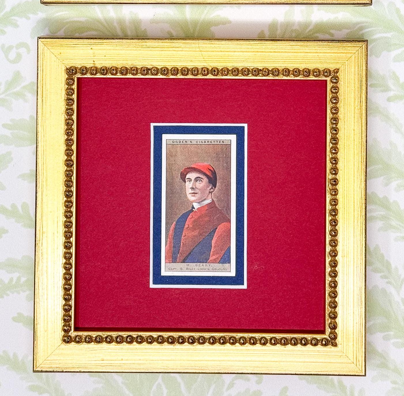 Pair of Framed Antique Jockey Horse Cigarette Card c. 1920s, Red and Blue