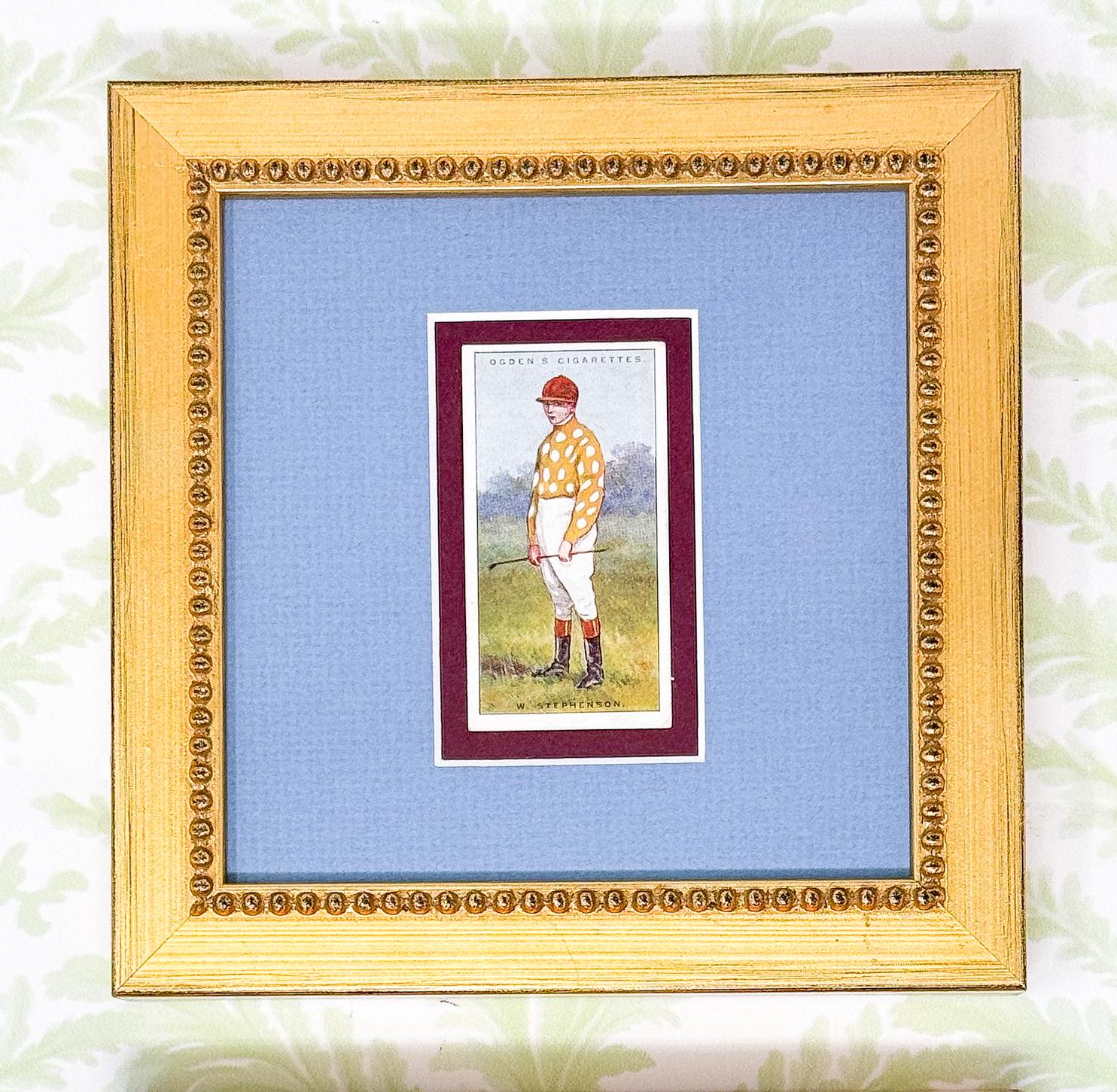Pair of Framed Antique Jockey Horse Cigarette Card c. 1920s, Red and Blue