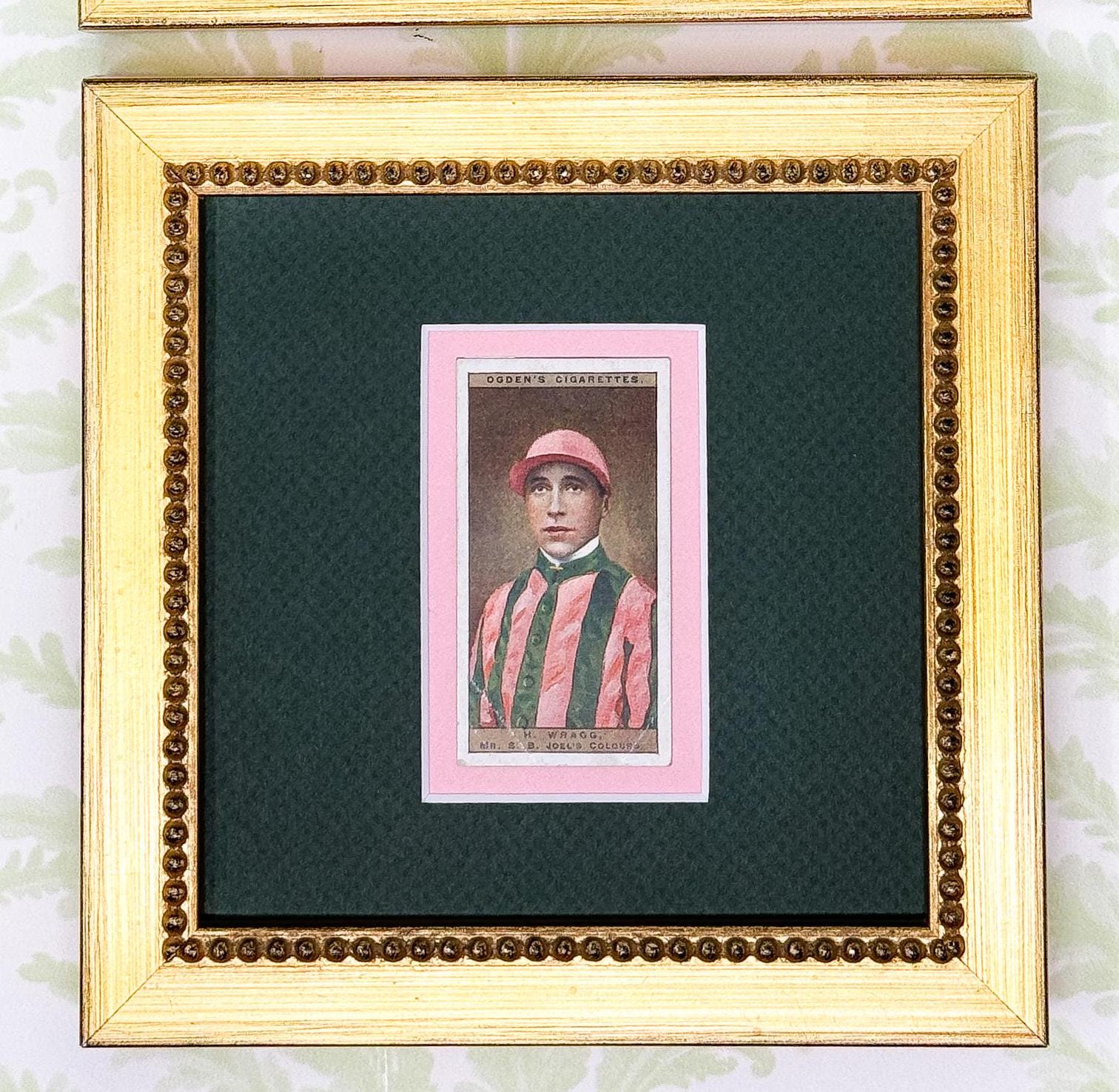 Pair of Framed Antique Jockey Horse Cigarette Card c. 1920s, Pink and Green