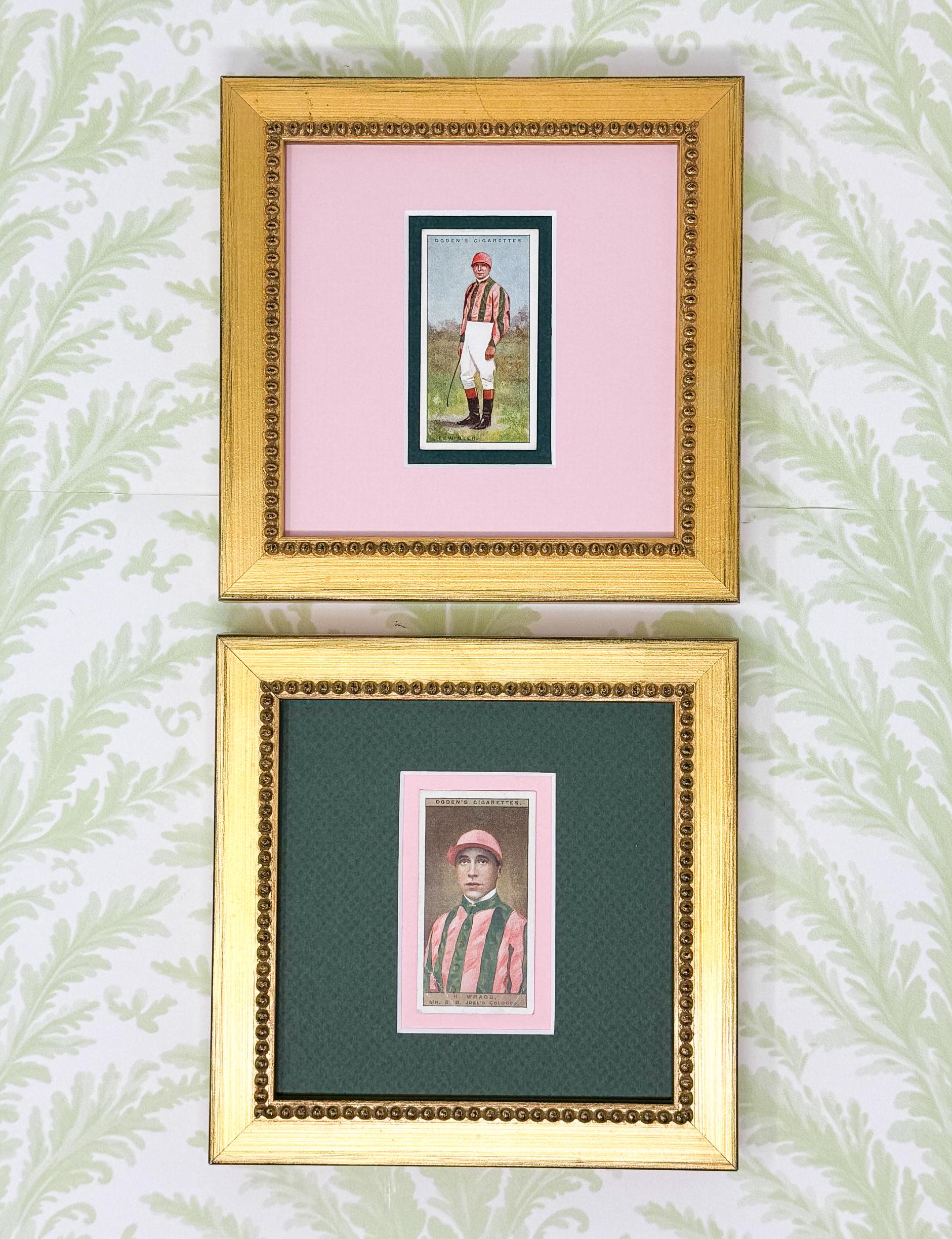 Pair of Framed Antique Jockey Horse Cigarette Card c. 1920s, Pink and Green