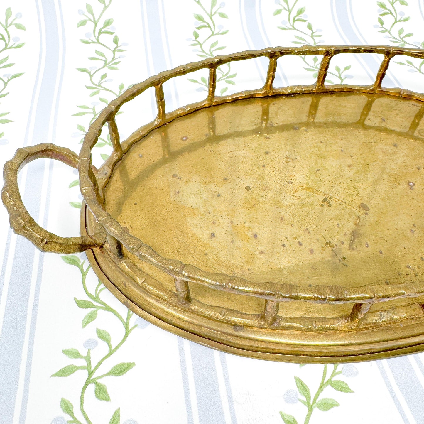 Vintage Brass Bamboo Tray, Oval, 9.5"