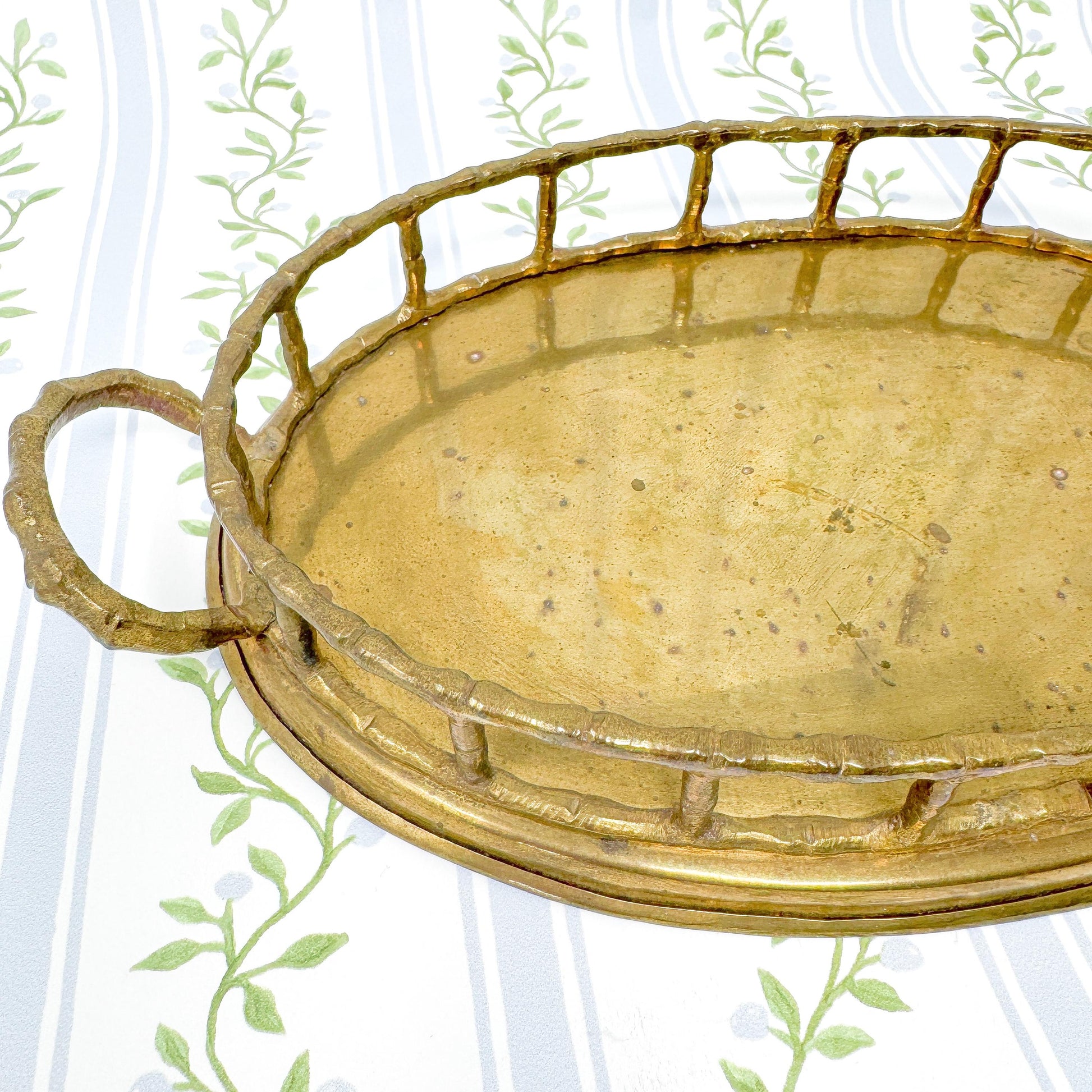 Vintage Brass Bamboo Tray, Oval, 9.5"