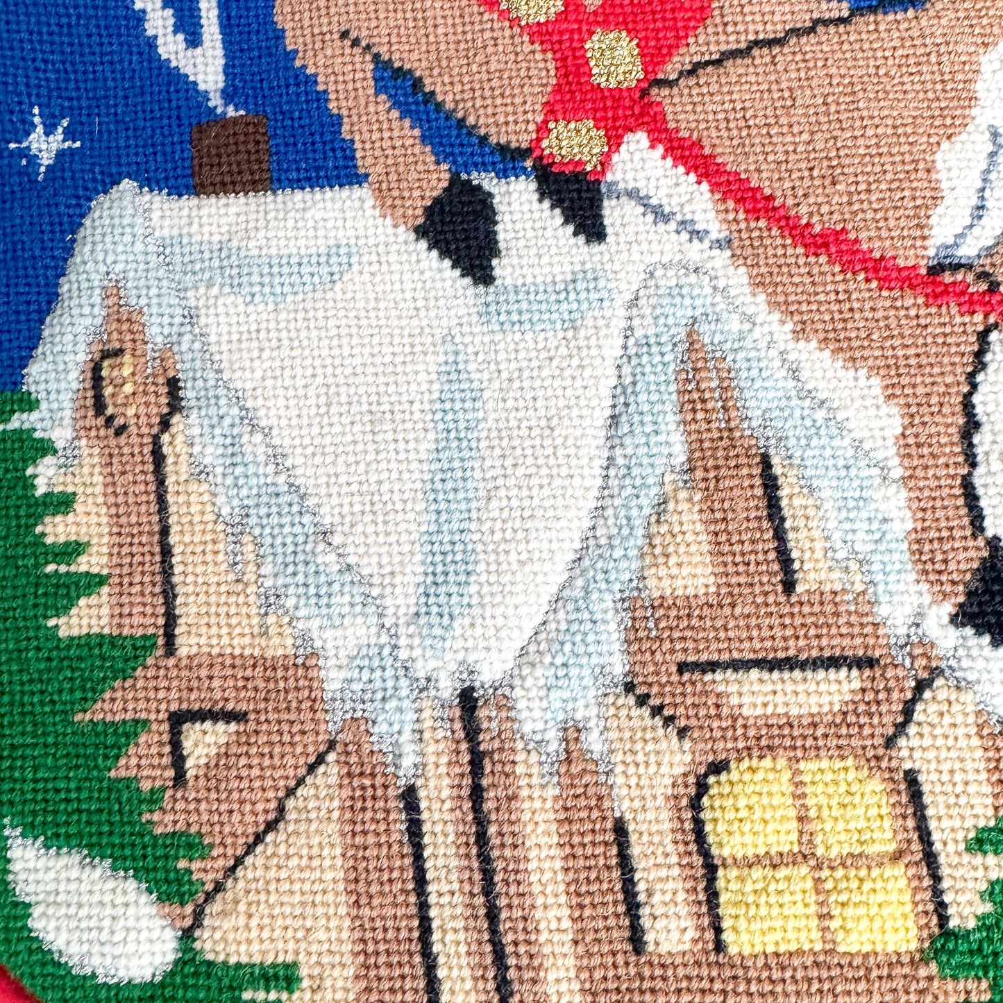 Vintage Hand Stitched Needlepoint Christmas Tree Skirt, Santa and Reindeer