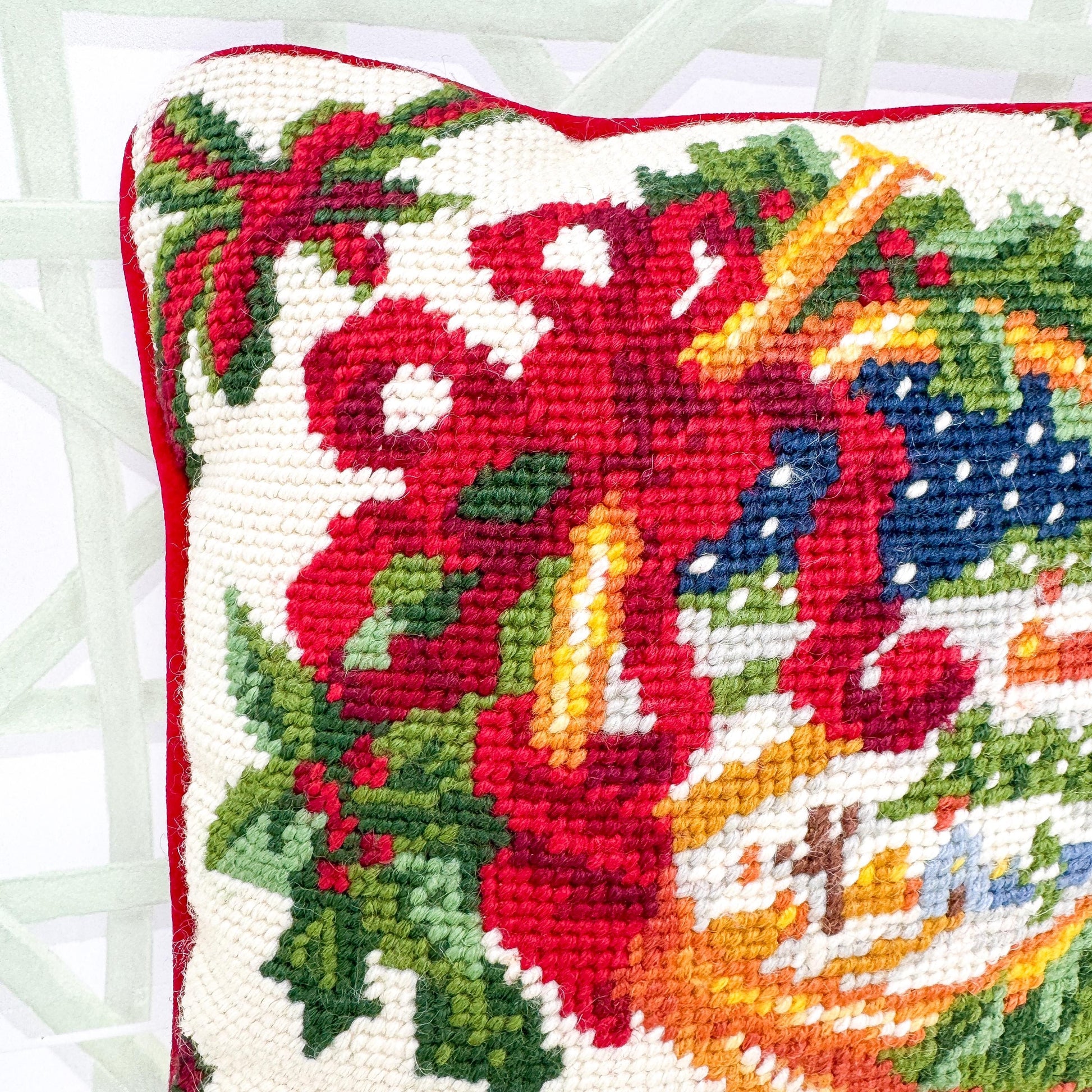 Vintage Christmas Needlepoint Pillow, Horn and Bows, 10"