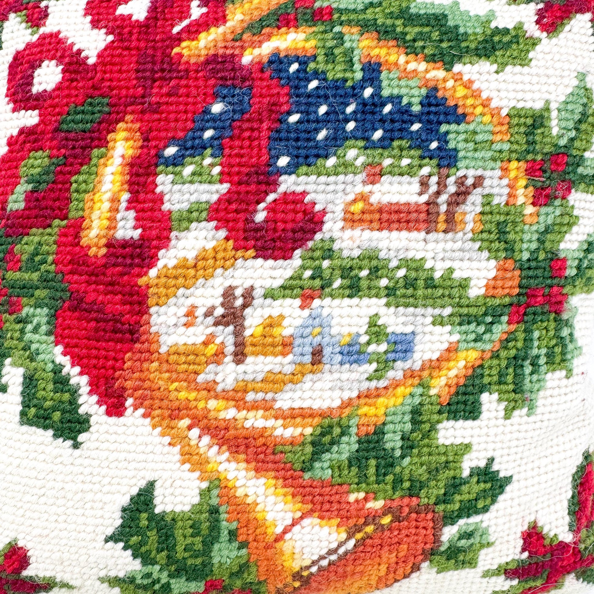 Vintage Christmas Needlepoint Pillow, Horn and Bows, 10"