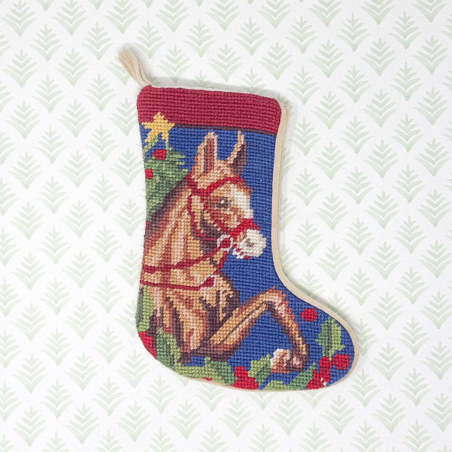 Vintage Mini Needlepoint Christmas Stocking, Horse