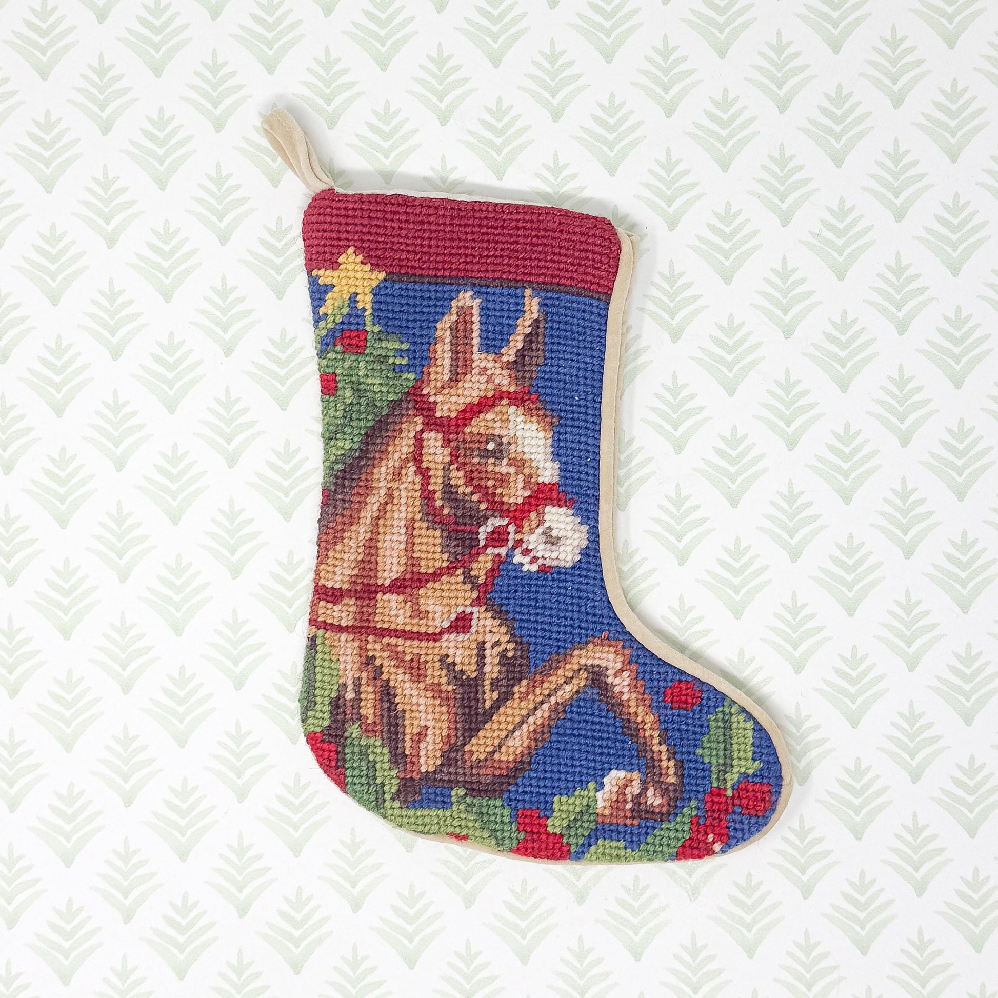 Vintage Mini Needlepoint Christmas Stocking, Horse