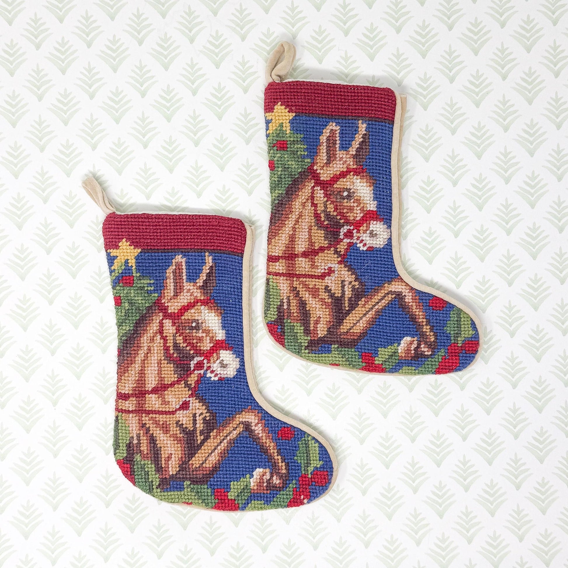 Vintage Mini Needlepoint Christmas Stocking, Horse