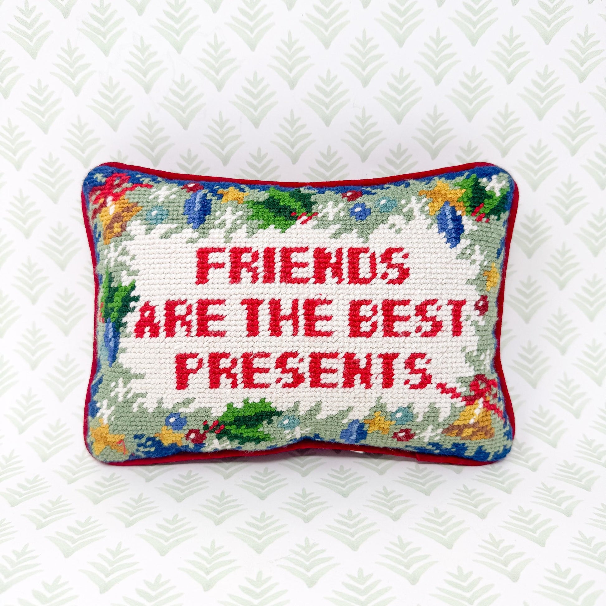 Vintage Christmas Needlepoint Pillow, Friends Are The Best Presents