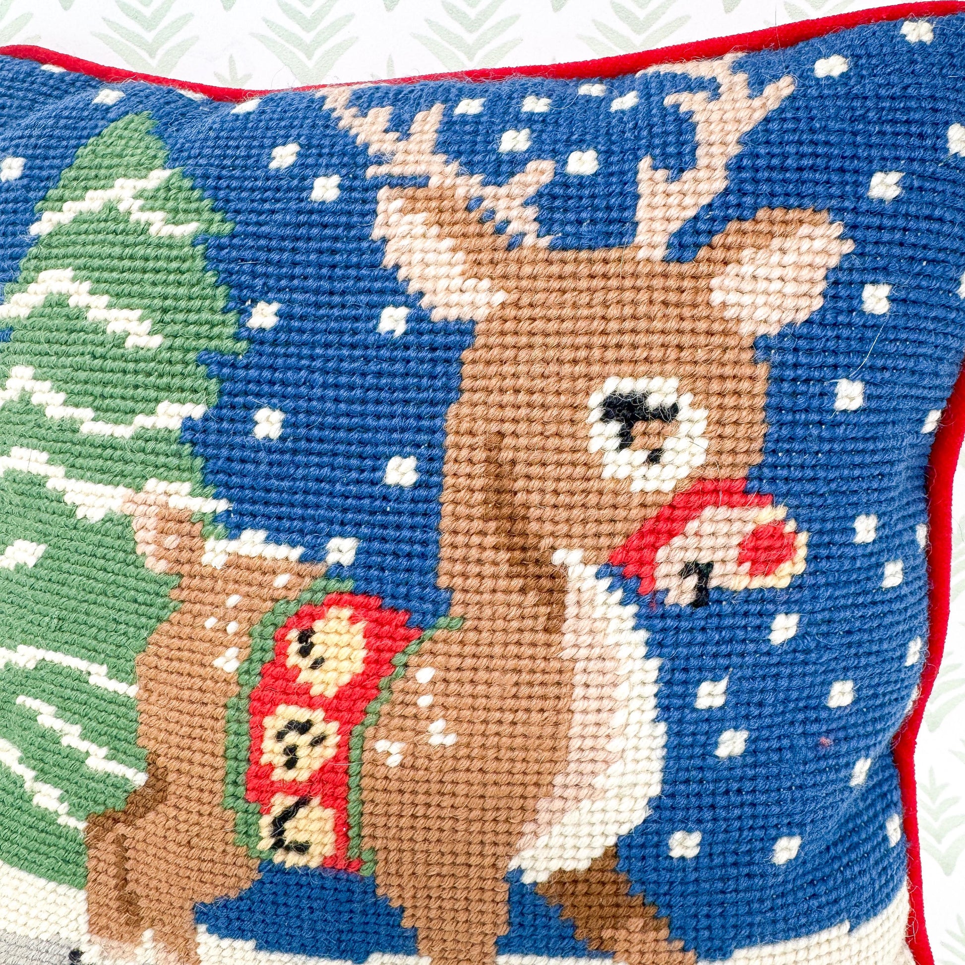 Vintage Christmas Needlepoint Pillow, Rudolph The Reindeer