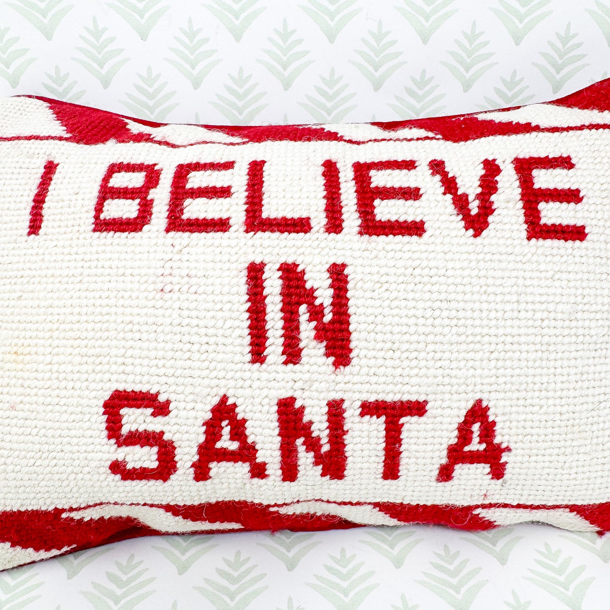 Vintage Christmas Needlepoint Pillow, I Believe In Santa