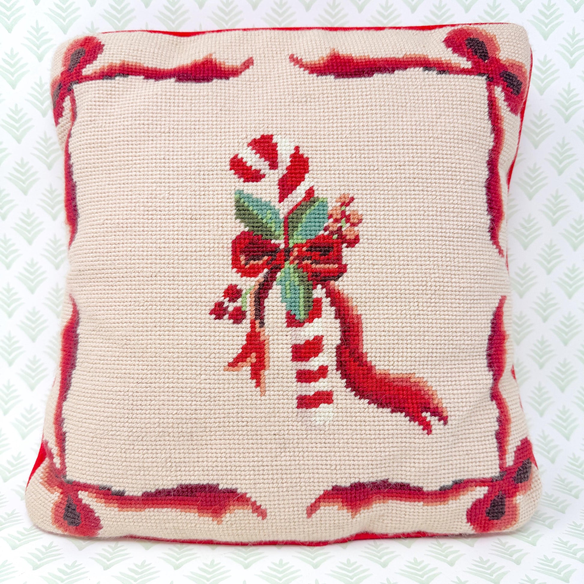 Vintage Christmas Needlepoint Pillow, Candy Cane