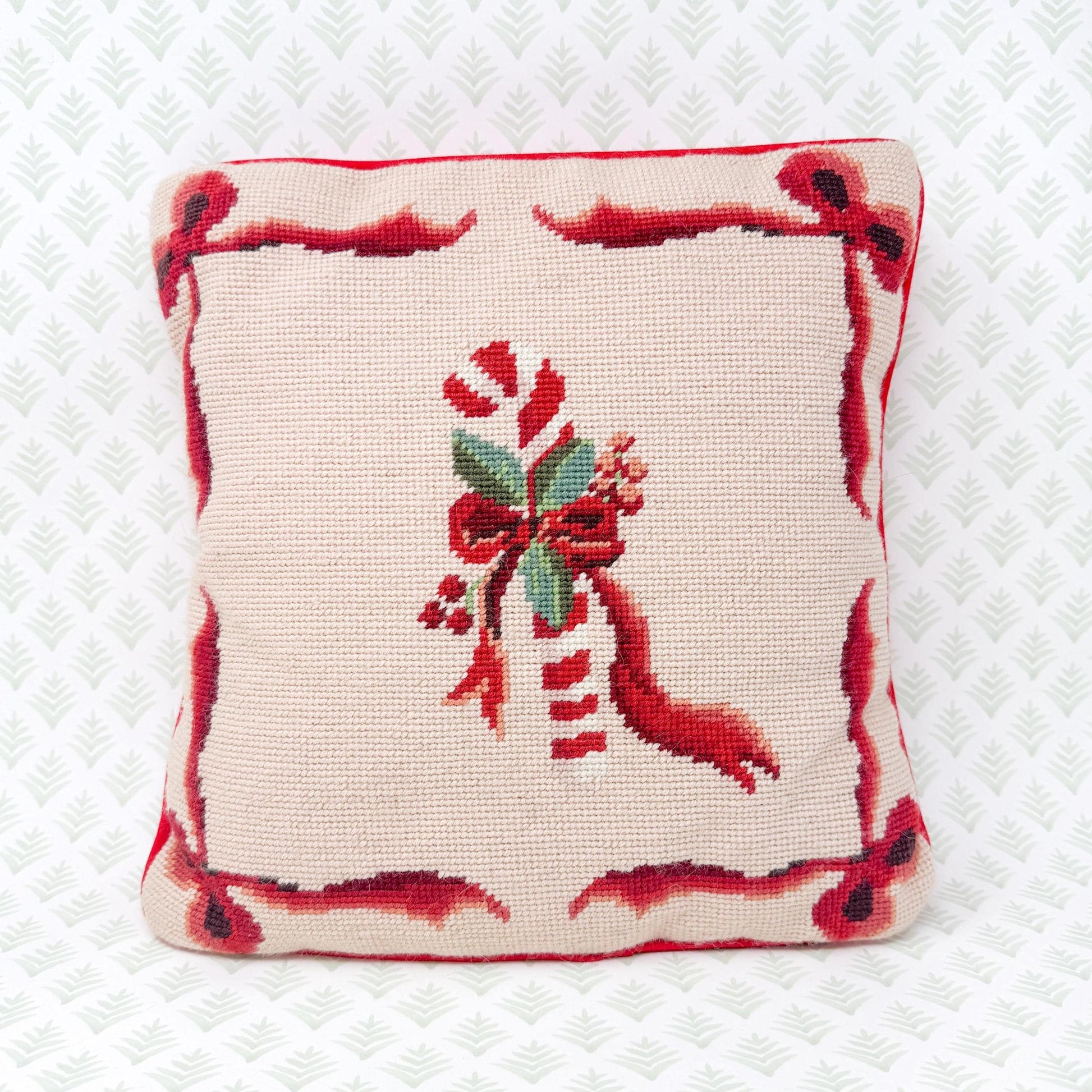 Vintage Christmas Needlepoint Pillow, Candy Cane