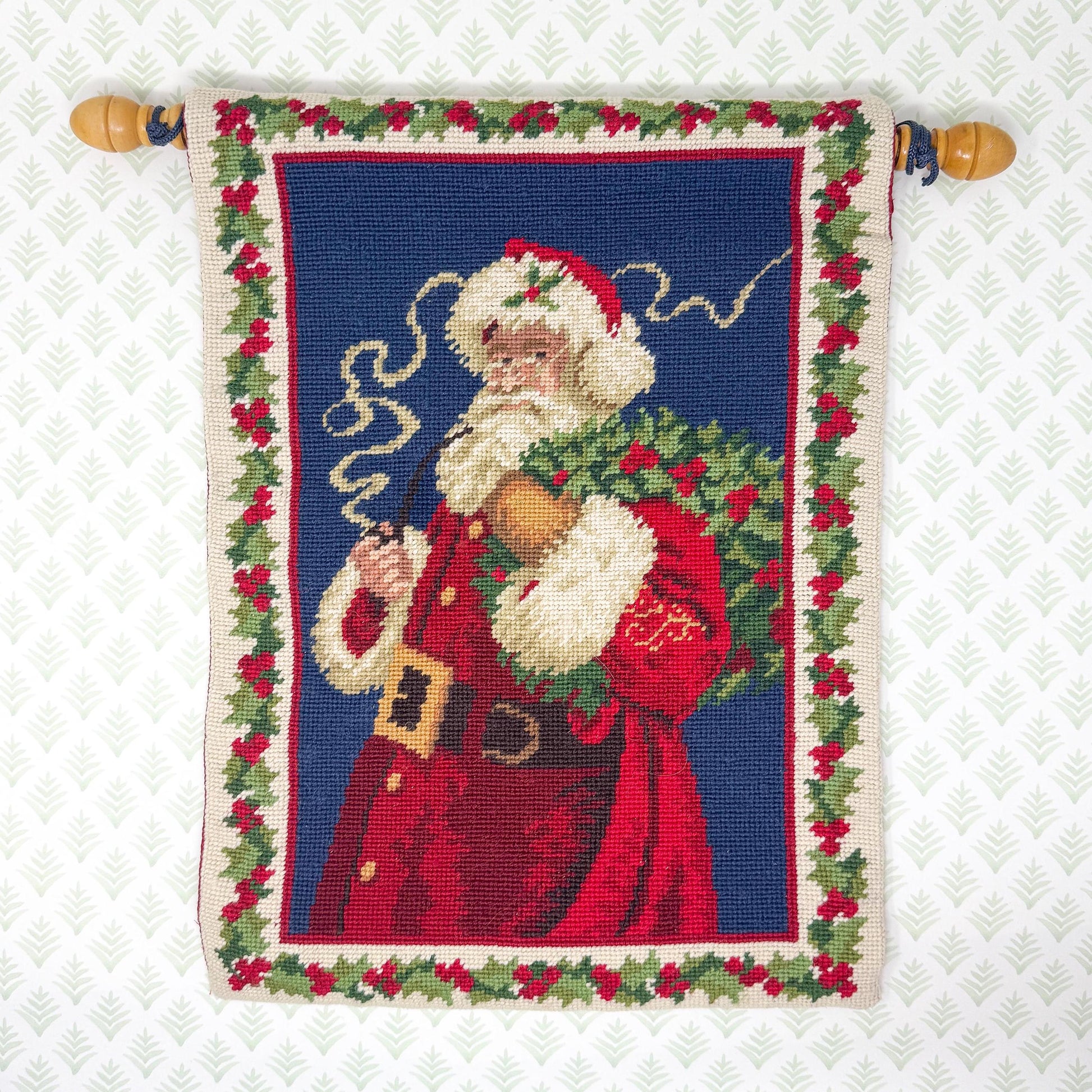 Vintage Needlepoint Christmas Wall Hanging, Santa Claus