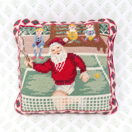 Vintage Needlepoint Christmas Pillow, Tennis Santa