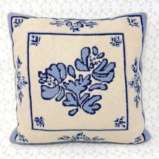 Vintage Hand Stitched Blue and White Needlepoint Pillow, 13"