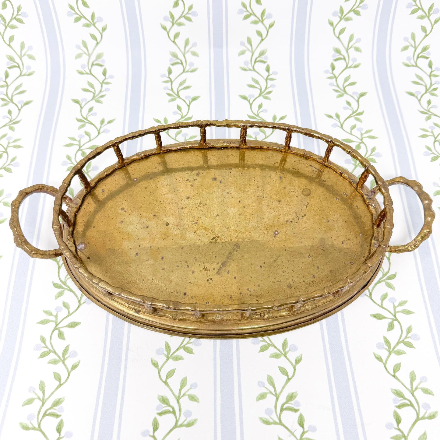 Vintage Brass Bamboo Tray, Oval, 9.5"