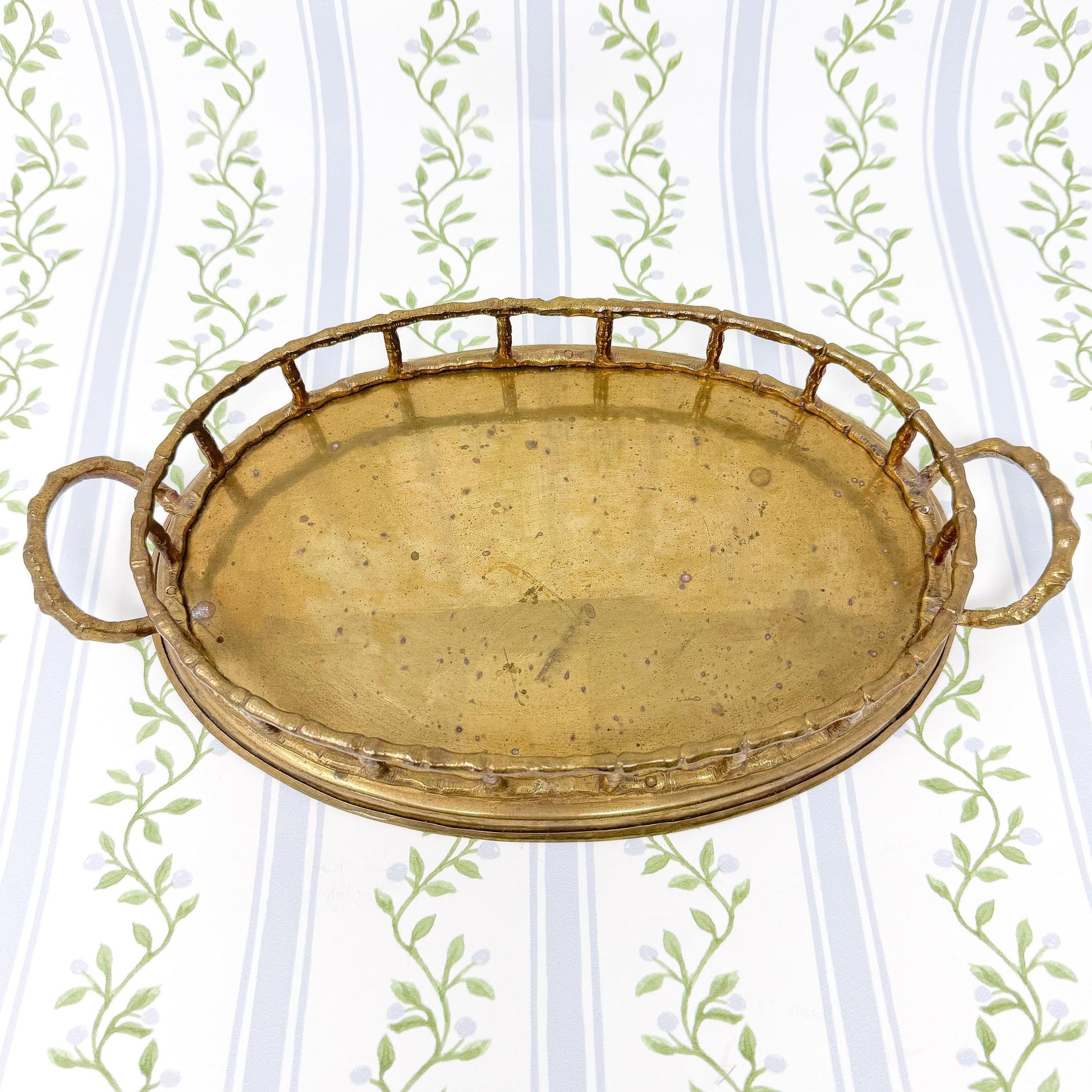Vintage Brass Bamboo Tray, Oval, 9.5"
