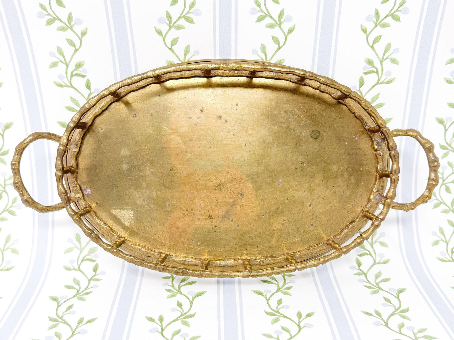 Vintage Brass Bamboo Tray, Oval, 9.5"