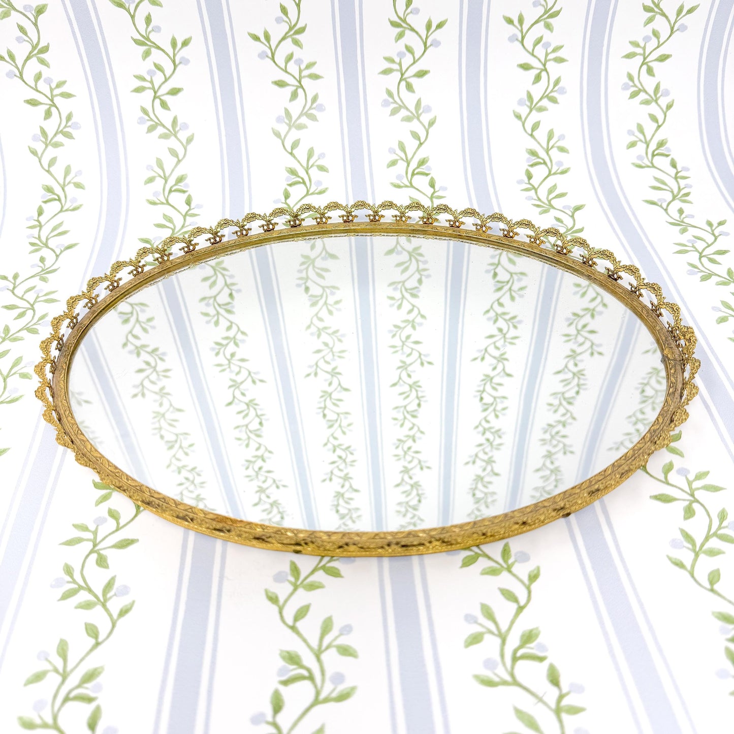 Vintage Brass Filigree Mirrored Vanity Tray