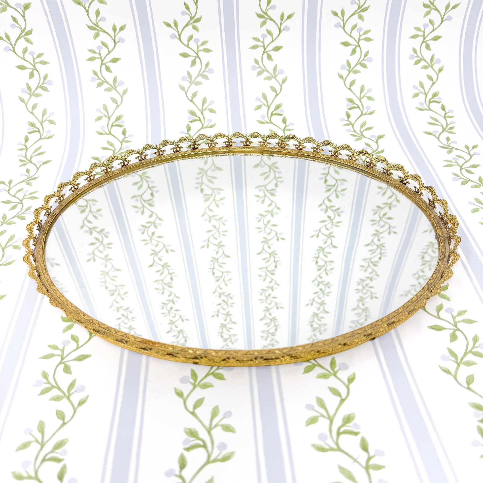 Vintage Brass Filigree Mirrored Vanity Tray