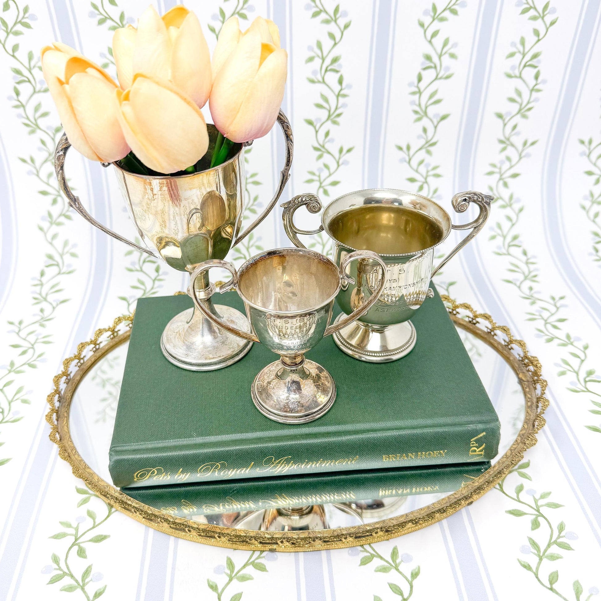 Vintage Brass Filigree Mirrored Vanity Tray