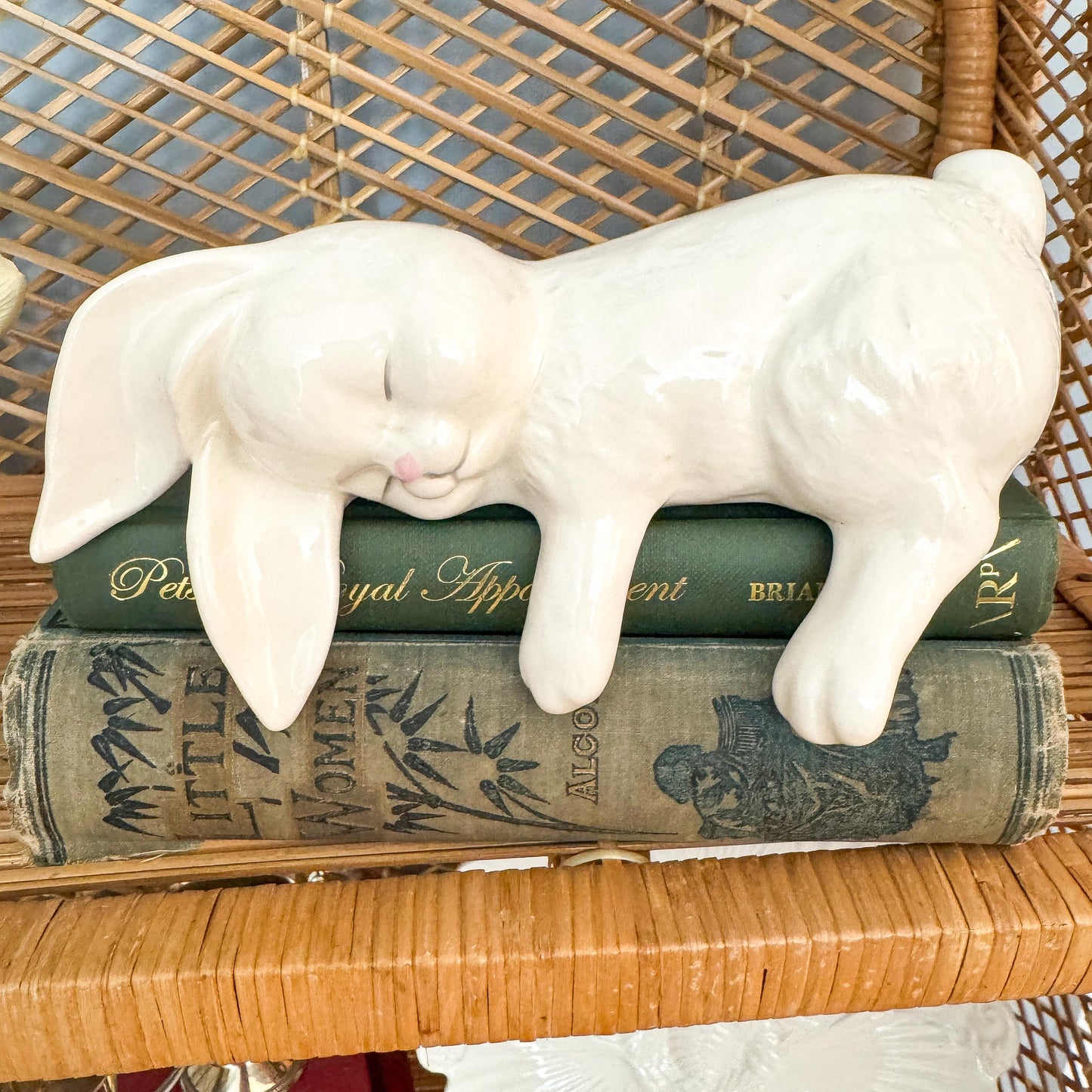 Vintage Sleeping Bunny Rabbit Figurine - Book Stack Topper