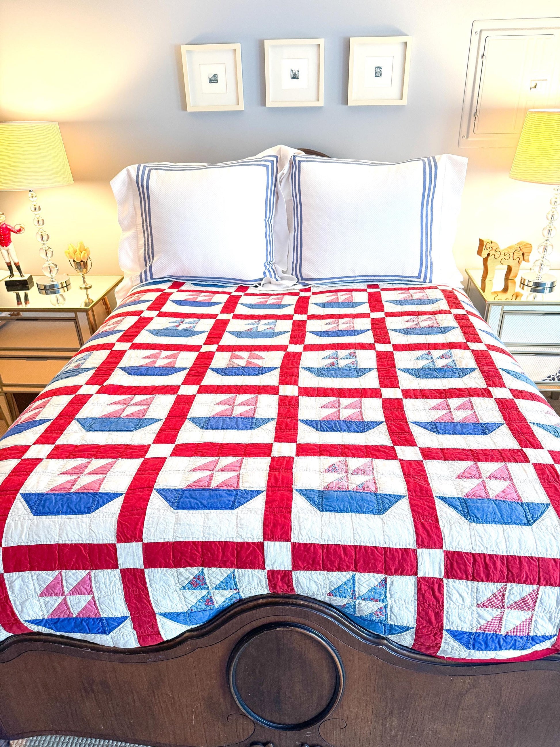 Antique Handmade Sailboat Quilt, Red and Blue, c. 1930